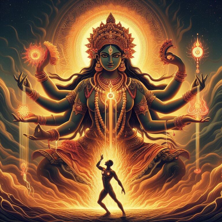 Devi (goddess) blessing human with energy(time management skill) to achieve his desires